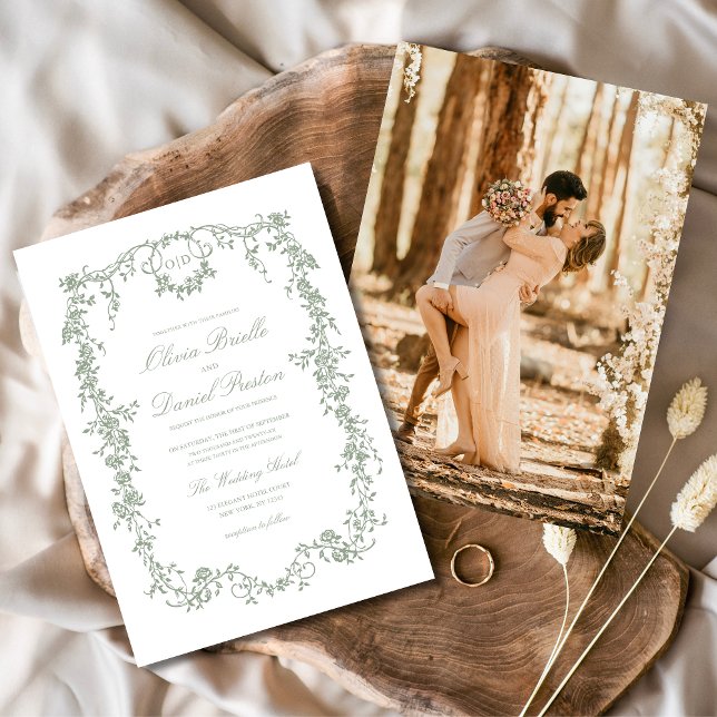 Invitation Victorian Sage Green Photo Monogramme Mariage (Créateur téléchargé)