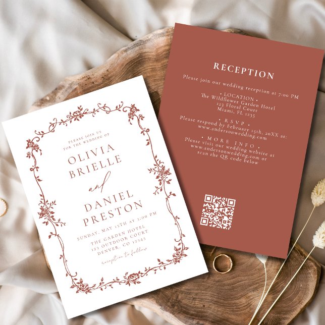 Invitation Victorian Vintage QR Code Mariage Terracotta (Créateur téléchargé)