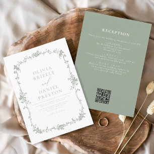 Invitation Victorian Vintage QR Code Sage Mariage vert