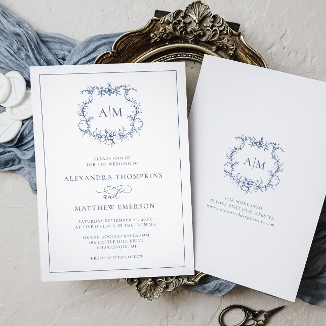 Invitation Victorien Baroque Floral Crest Blue Mariage (Créateur téléchargé)
