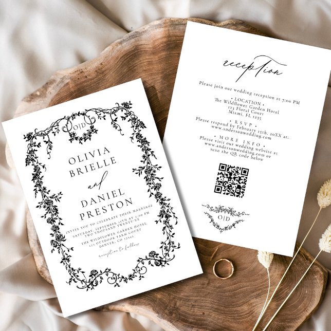 Invitation Victorien Français Noir QR Code Tout en un Mariage (Créateur téléchargé)