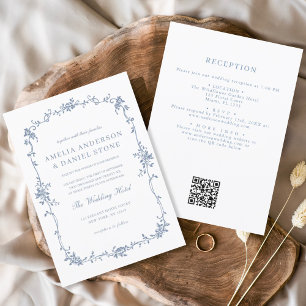 Invitation Victorien Français QR Code Blue Vintage Wedding