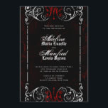 Invitation Victorien gothique Éffrayant rouge, noir et blanc<br><div class="desc">Ces invitations de mariage gothique, en noir et blanc, sont parfaites pour les mariages d'Halloween, avec un cadre tourbillonnant orné et désuet, fêté avec l'âge, recouvert de toiles éffrayantes, contre un arrière - plan noir et rouge foncé légèrement texturé et maussade. Le texte est une combinaison de script grunge, classique...</div>