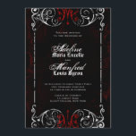 Invitation Victorien gothique Éffrayant rouge, noir et blanc<br><div class="desc">Ces invitations de mariage gothique, en noir et blanc, sont parfaites pour les mariages d'Halloween, avec un cadre tourbillonnant orné et désuet, fêté avec l'âge, recouvert de toiles éffrayantes, contre un arrière - plan noir et rouge foncé légèrement texturé et maussade. Le texte est une combinaison de script grunge, classique...</div>