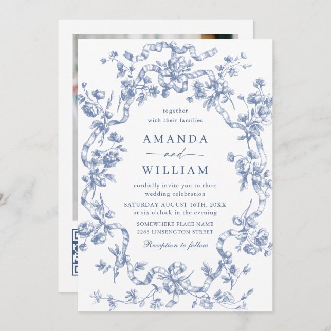 Invitation Victorien Ornate Grace Floral Dusty Mariage bleu (Devant / Derrière)