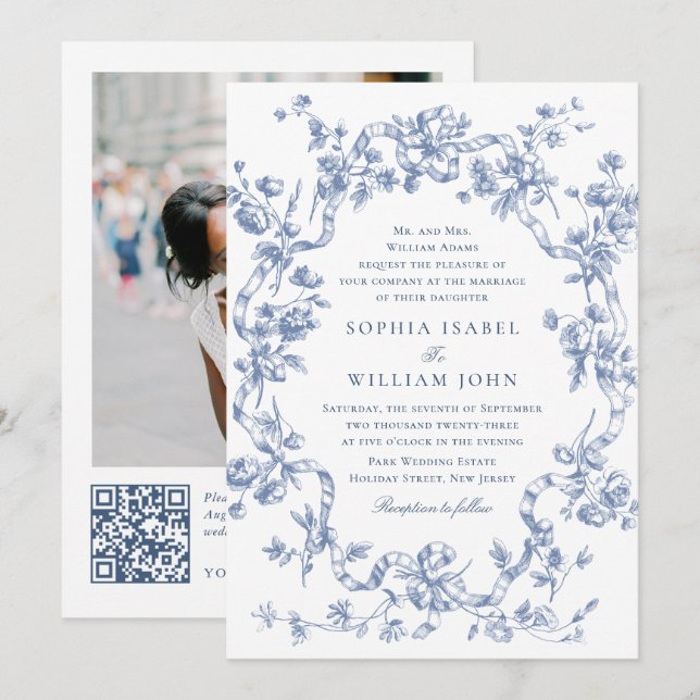 Invitation Victorien Ornate Grace Floral Dusty Mariage bleu (Devant / Derrière)