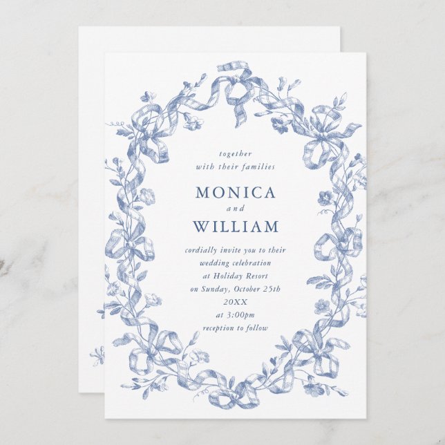 Invitation Victorien Ornate Grace Floral Dusty Mariage bleu (Devant / Derrière)