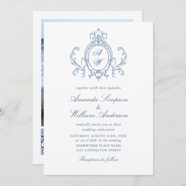 Invitation Victorien Ornate Grace Floral Dusty Mariage bleu (Devant / Derrière)