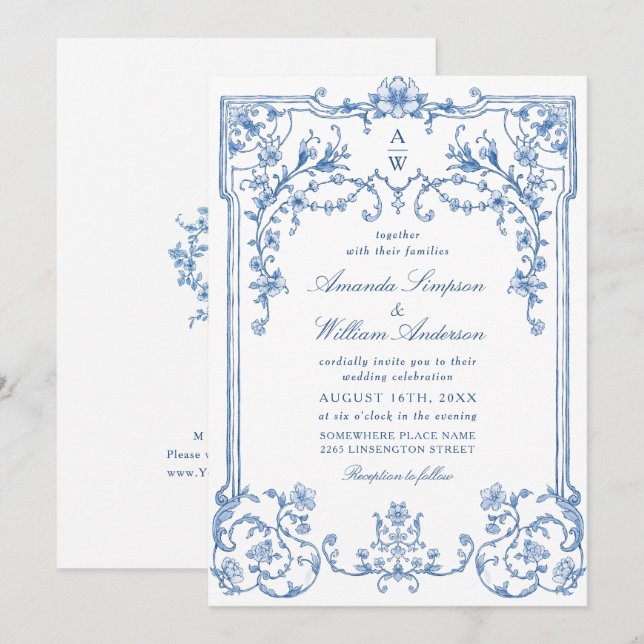 Invitation Victorien Ornate Grace Floral Dusty Mariage bleu (Devant / Derrière)
