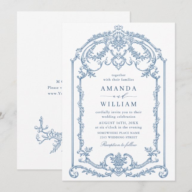 Invitation Victorien Ornate Grace Floral Dusty Mariage bleu (Devant / Derrière)