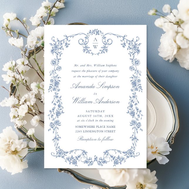 Invitation Victorien Ornate Grace Floral Dusty Mariage bleu (Créateur téléchargé)