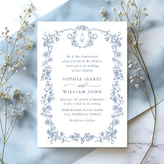 Invitation Victorien Ornate Grace Floral Dusty Mariage bleu