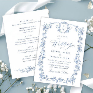 Invitation Victorien Ornate Grace Floral Dusty Mariage bleu
