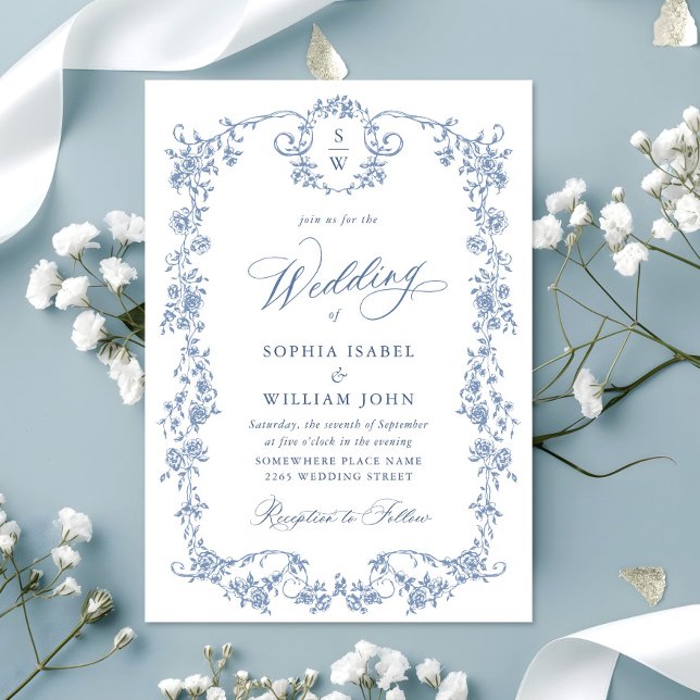 Invitation Victorien Ornate Grace Floral Dusty Mariage bleu (Créateur téléchargé)