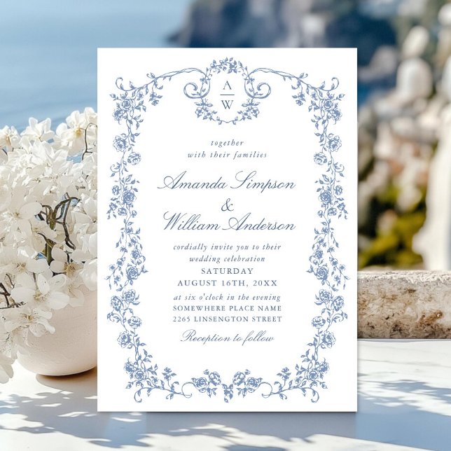 Invitation Victorien Ornate Grace Floral Dusty Mariage bleu (Créateur téléchargé)