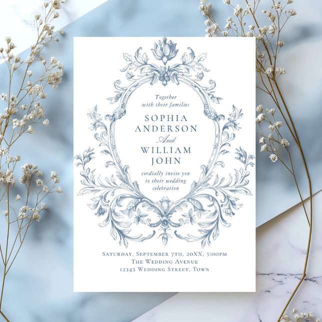 Invitation Victorien Ornate Grace Floral Dusty Mariage bleu (Créateur téléchargé)