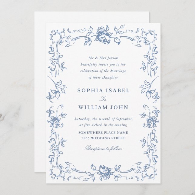 Invitation Victorien Ornate Grace Floral Dusty Mariage bleu (Devant / Derrière)