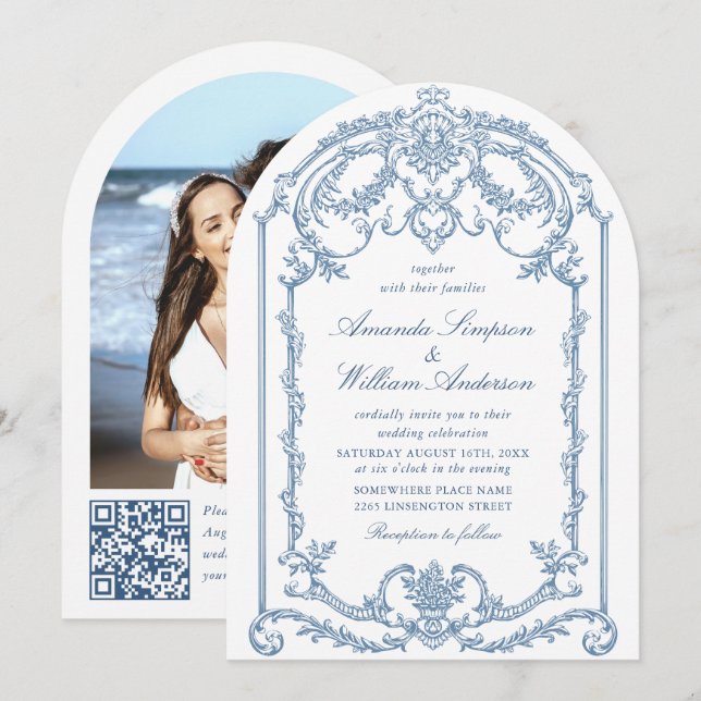 Invitation Victorien Ornate Grace Floral Dusty Mariage bleu (Devant / Derrière)
