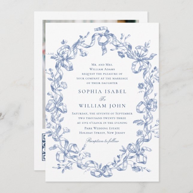 Invitation Victorien Ornate Grace Floral Dusty Mariage bleu (Devant / Derrière)