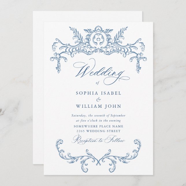Invitation Victorien Ornate Grace Floral Dusty Mariage bleu (Devant / Derrière)