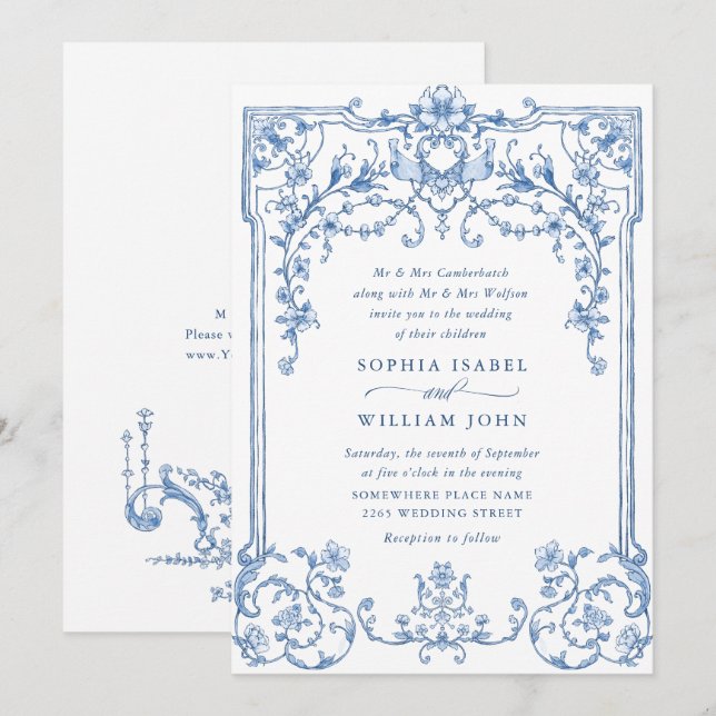 Invitation Victorien Ornate Grace Floral Dusty Mariage bleu (Devant / Derrière)