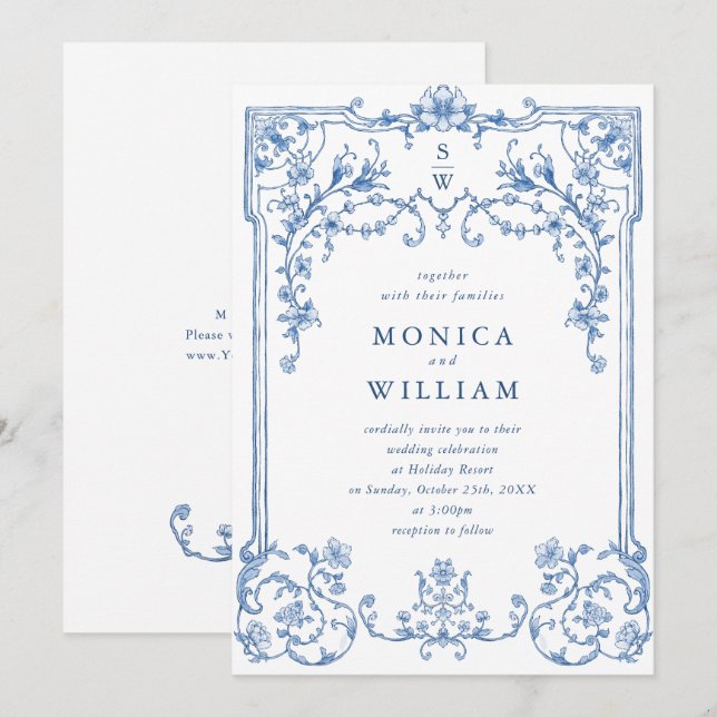 Invitation Victorien Ornate Grace Floral Dusty Mariage bleu (Devant / Derrière)