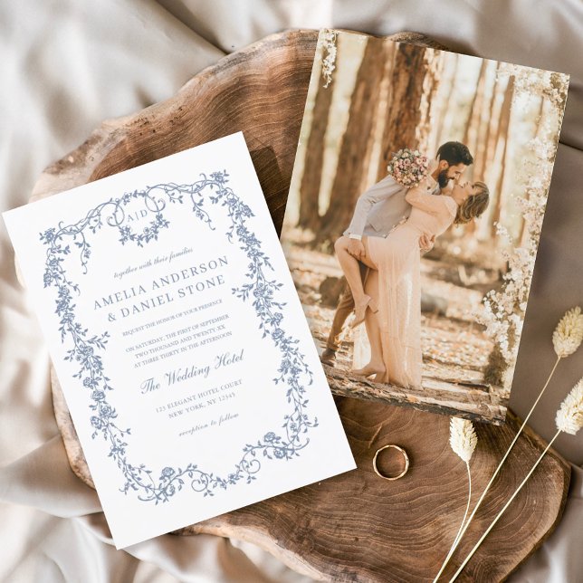 Invitation Victorien Vintage Français Photo Mariage bleu (Créateur téléchargé)