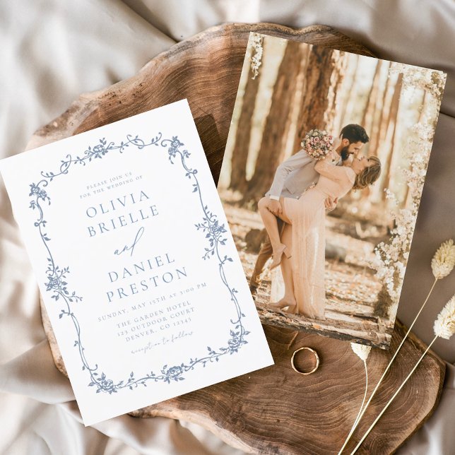 Invitation Victorien Vintage Français Photo Mariage bleu (Créateur téléchargé)