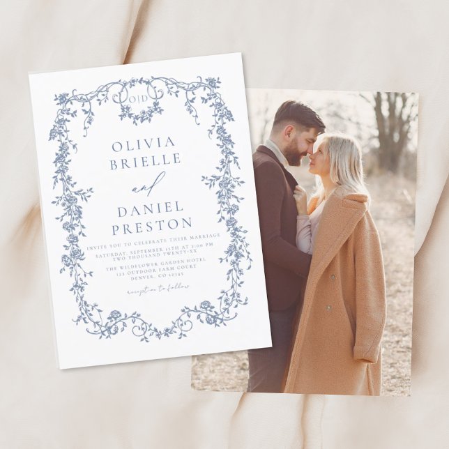 Invitation Victorien Vintage Français Photo Mariage bleu (Créateur téléchargé)