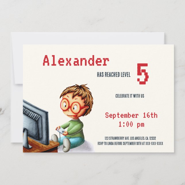 Invitation Vidéo niveau de jeu vers le haut garçon avec lunet (Devant)