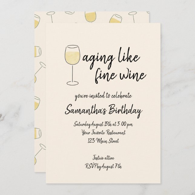 Invitation Vieillir Comme Vin Fin Vin Blanc Verre Anniversair (Devant / Derrière)