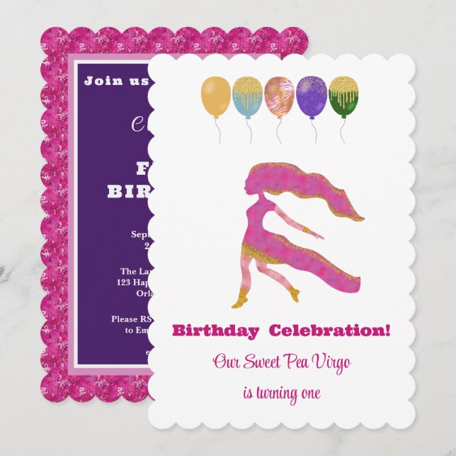 Invitation Vierge 1er Anniversaire Impressionniste Paillettes (Devant / Derrière)