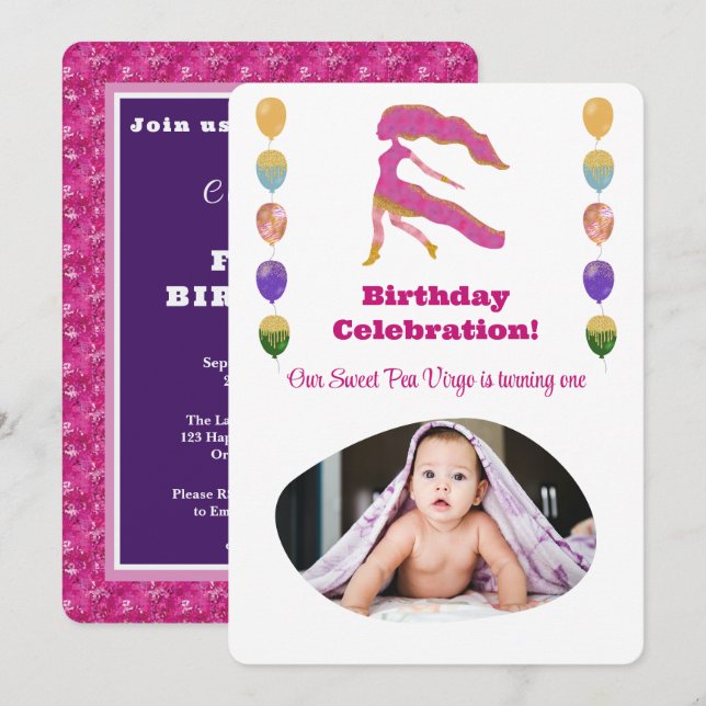 Invitation Vierge 1er Anniversaire Photo Impressionniste Or (Devant / Derrière)