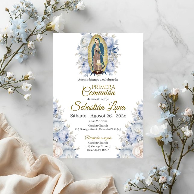 Invitation Vierge de Guadalupe Fleur Bleue Première Communion (Créateur téléchargé)