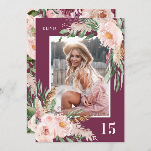 Invitation Vierge élégant violet moderne florale photo annive (Devant / Derrière)