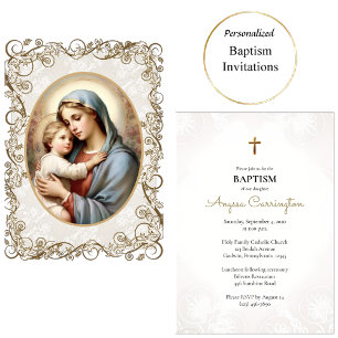 Invitation Vierge & Enfant Cadre Orné Doré Baptême Catholique
