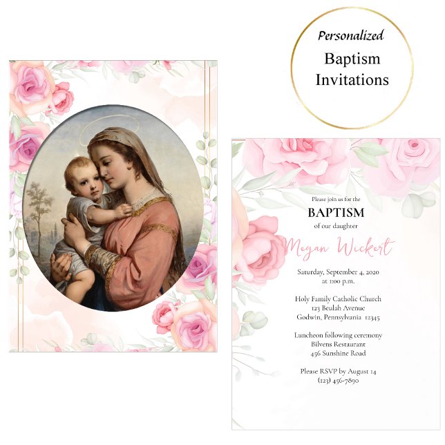 Invitation Vierge et Enfant Roses Roses Tendres Catholique Ba (Créateur téléchargé)
