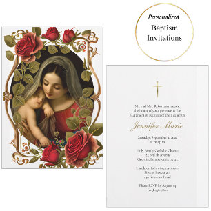 Invitation Vierge et Enfant Roses Rouges Baptême Catholique R