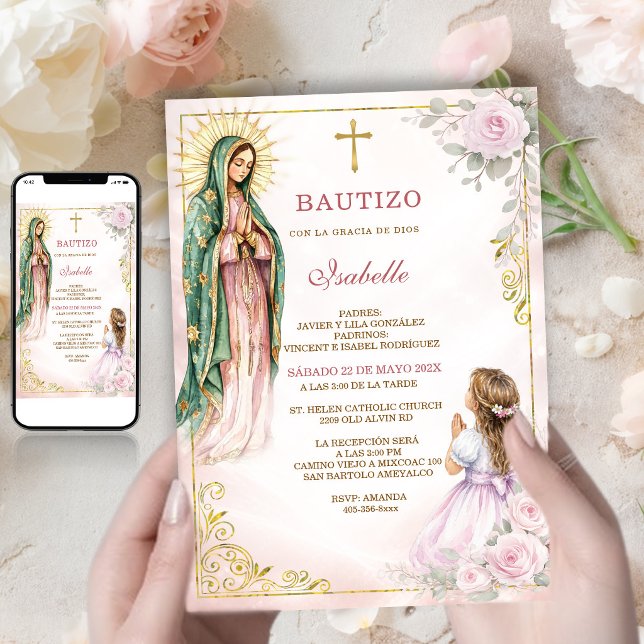 Invitation Vierge Guadalupe Baptême Fille Roses Roses Or (Créateur téléchargé)