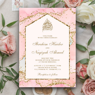 Invitation Vierge rose Or Agate Marbre Arche Mariage musulman
