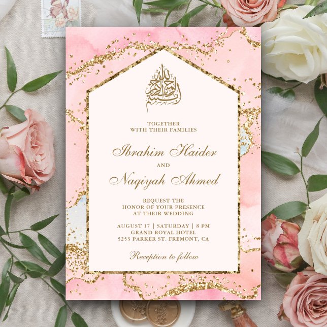 Invitation Vierge rose Or Agate Marbre Arche Mariage musulman (Créateur téléchargé)
