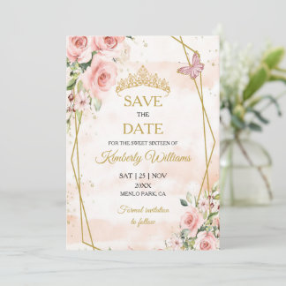 Invitation Vierge rose or Tiara Enregistrer la date 16e anniv