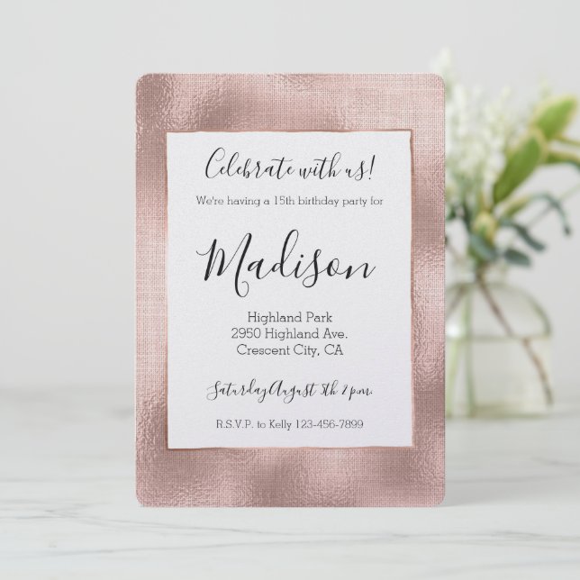 Invitation Vierge rose rose or glam chic Anniversaire (Debout devant)