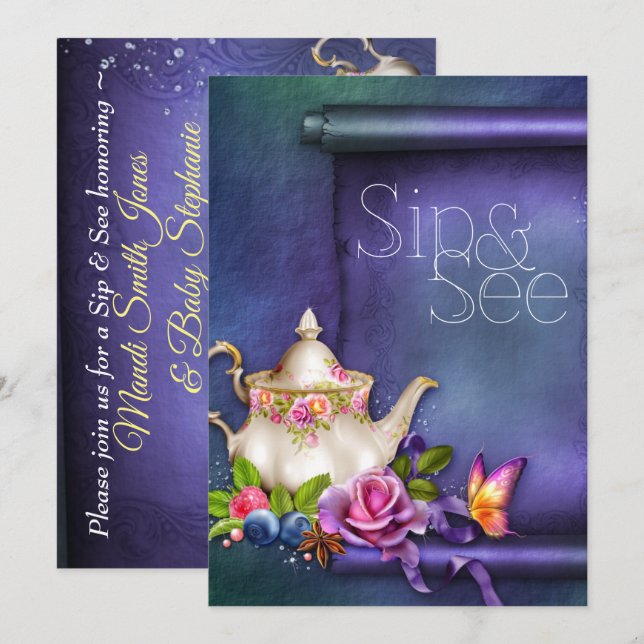 Invitation Vieux anglais Rose Tea Party Sip & Voir Baby showe (Devant / Derrière)