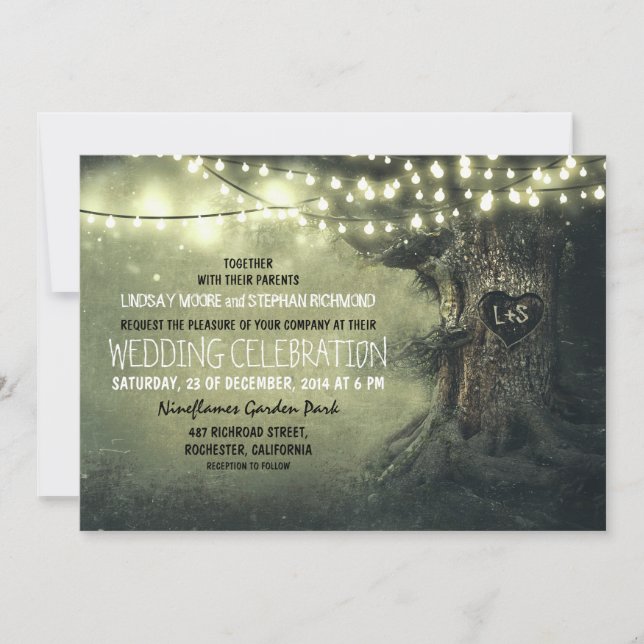 Invitation vieux arbre sculpté lumières scintillantes mariage (Devant)