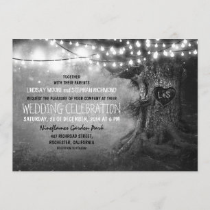 Invitation vieux arbre sculpté lumières scintillantes mariage
