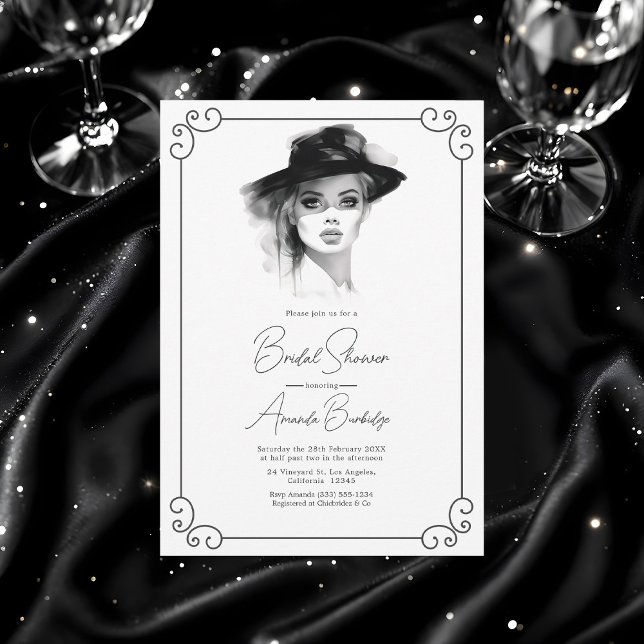 Invitation Vieux argent Esthétique Fête des mariées noir et b (Old Money Aesthetic Black and White Bridal Shower Invitation)