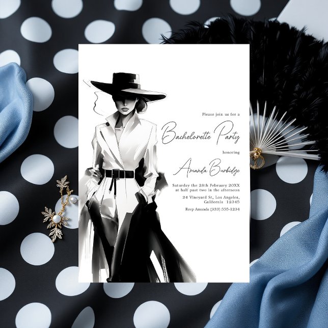 Invitation Vieux argent Esthétique Noir et Blanc Bachelorette (Old Money Aesthetic Black and White Bachelorette Invitation)