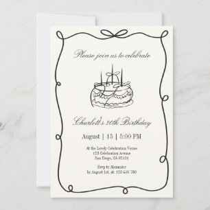 Invitation Vieux argent, gâteau d'anniversaire tiré à la main