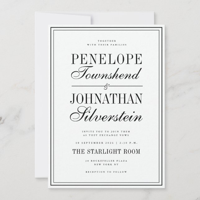 Invitation Vieux Argent Noms de Mariage Blanc Serif Script (Devant)